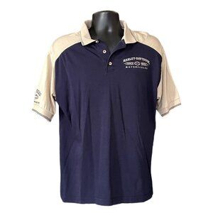 Harley Davidson Motorcycles men's navy and tan polo style shirt, size Medium